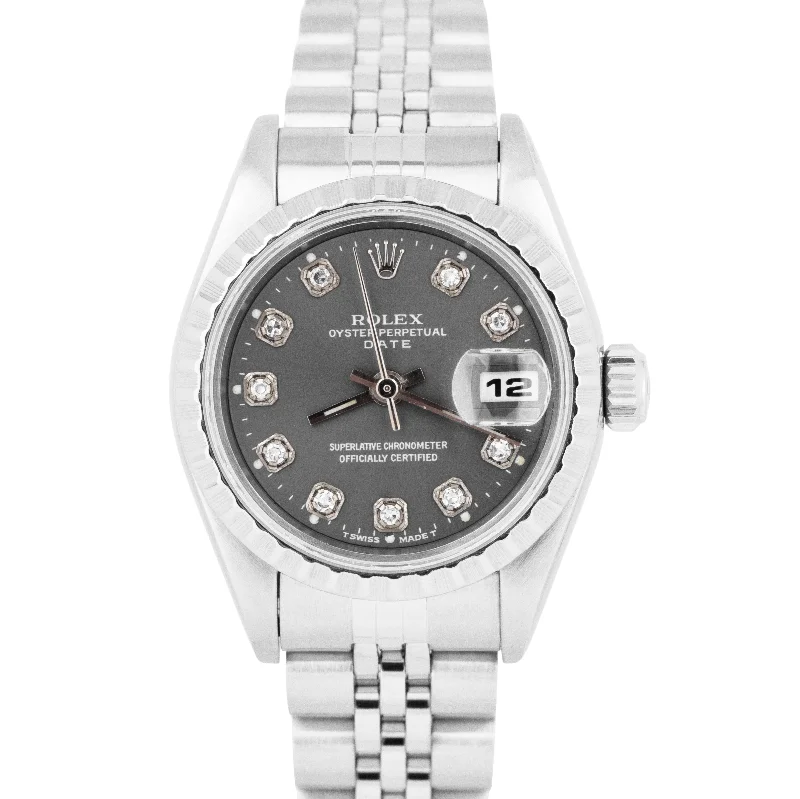 Affordable Watches for Men and Women-Rolex Oyster Perpetual Date 26mm Gray Diamond Steel Engine-Turned Watch 69240