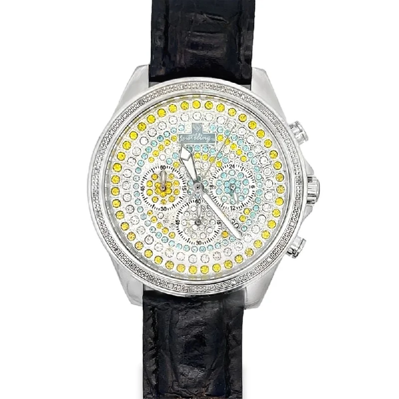 Personalized Watches with Initials for Gifts-.30cttw Diamond Multi Color Pave Dial Watch w/ Leather Band