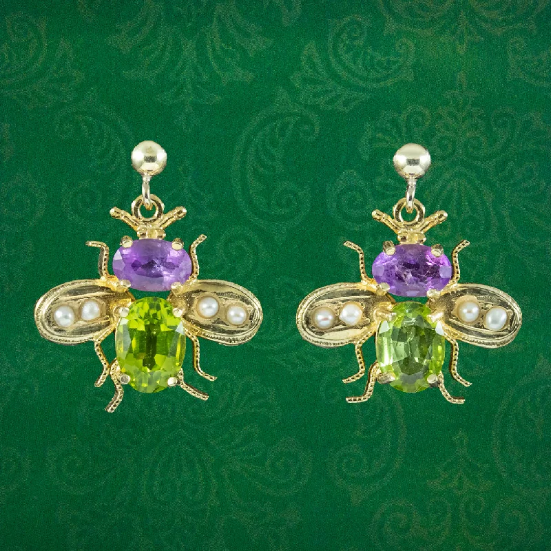 Sparkly Earrings for Bridesmaids-Edwardian Suffragette Style Insect Bee Earrings Amethyst Peridot Pearls