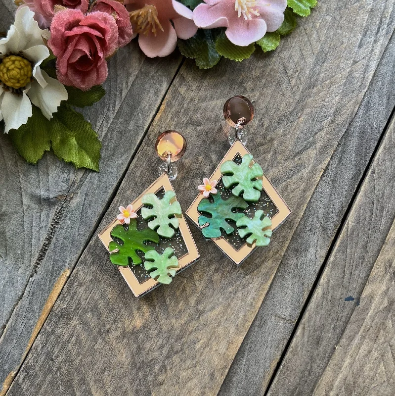 Crystal Stud Earrings for Weddings-Monstera Terrarium Earrings Rose Gold