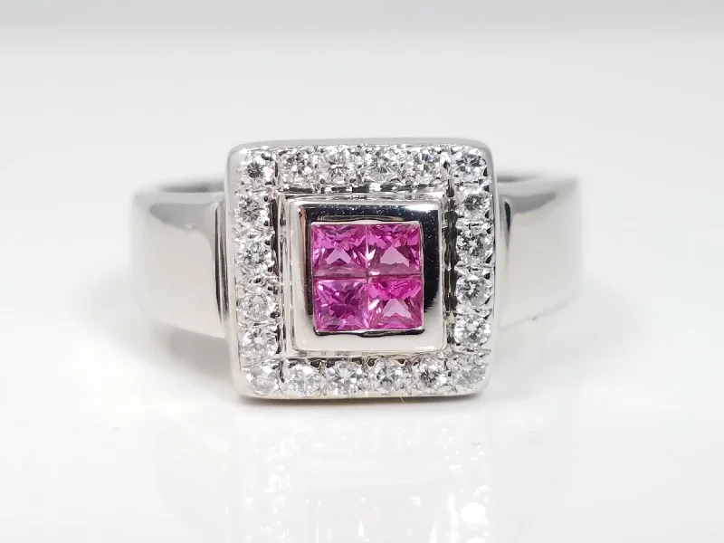 Personalized Birthstone Ring for Brides-Stunning 18k White Gold Natural Pink Sapphire Diamond Ring Band