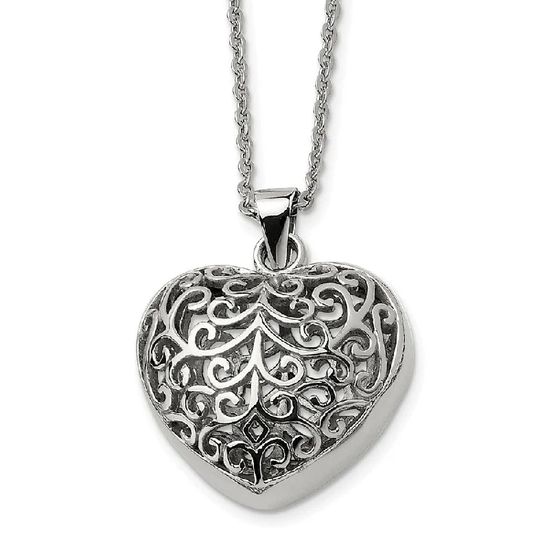 Gold Chain Necklace for Women-Stainless Steel Large Filigree Puffed Heart Necklace, 22 Inch