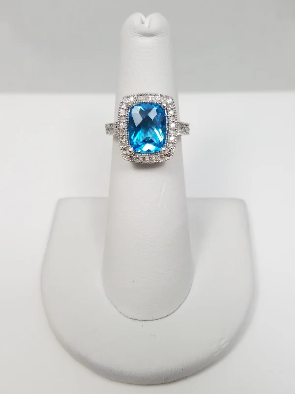 Custom Silver Ring for Customization-Precious 14k White Gold Natural Blue Topaz Diamond Ring