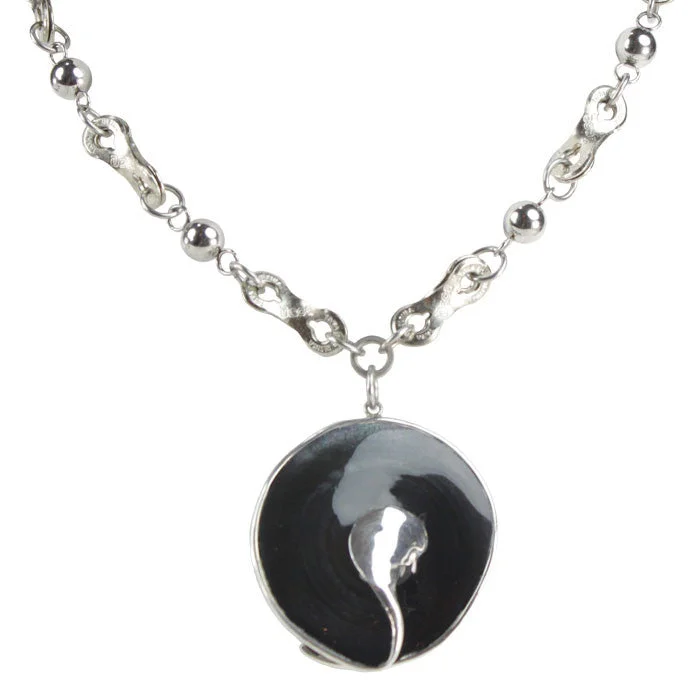 Vintage Style Necklace-Black Shell & Sterling Silver Swirl Pendant Necklace