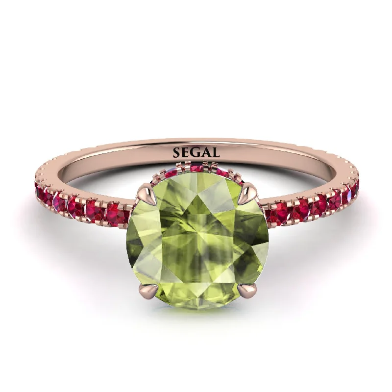 Engagement Ring with Diamonds and Sapphire-Hidden Diamond Round Peridot Cat Claw Engagement Ring - Aurora No. 711