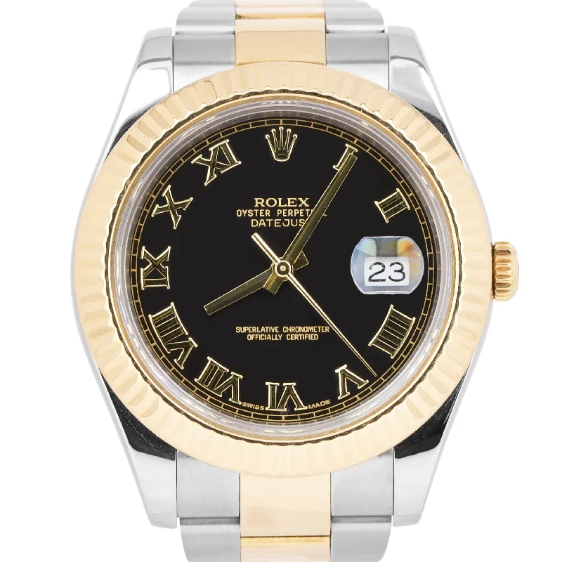 Leather Strap Watches for Men-Rolex Datejust II 2 BLACK ROMAN 18K Two-Tone Yellow Gold Steel 41mm Watch 116333