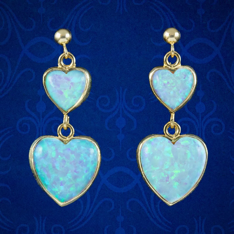 Bold Earrings for Fashionistas-Victorian Style Opal Heart Drop Earrings 9ct Gold 7ct Opal