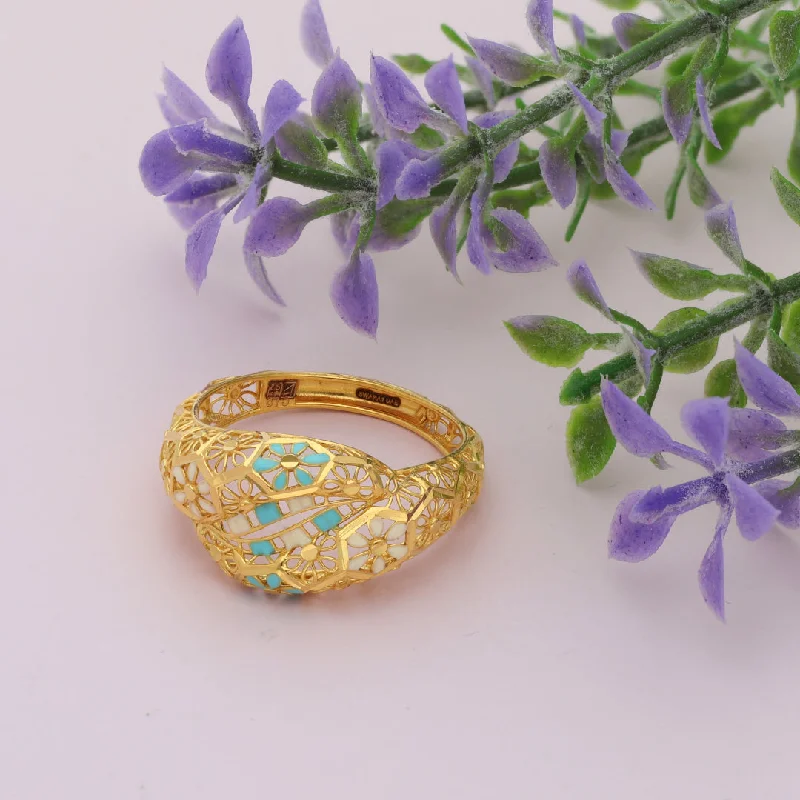 Custom Ring with Personalized Engraving-Gold Turquoise Flower Design Ring 21KT - FKJRN21KM9678