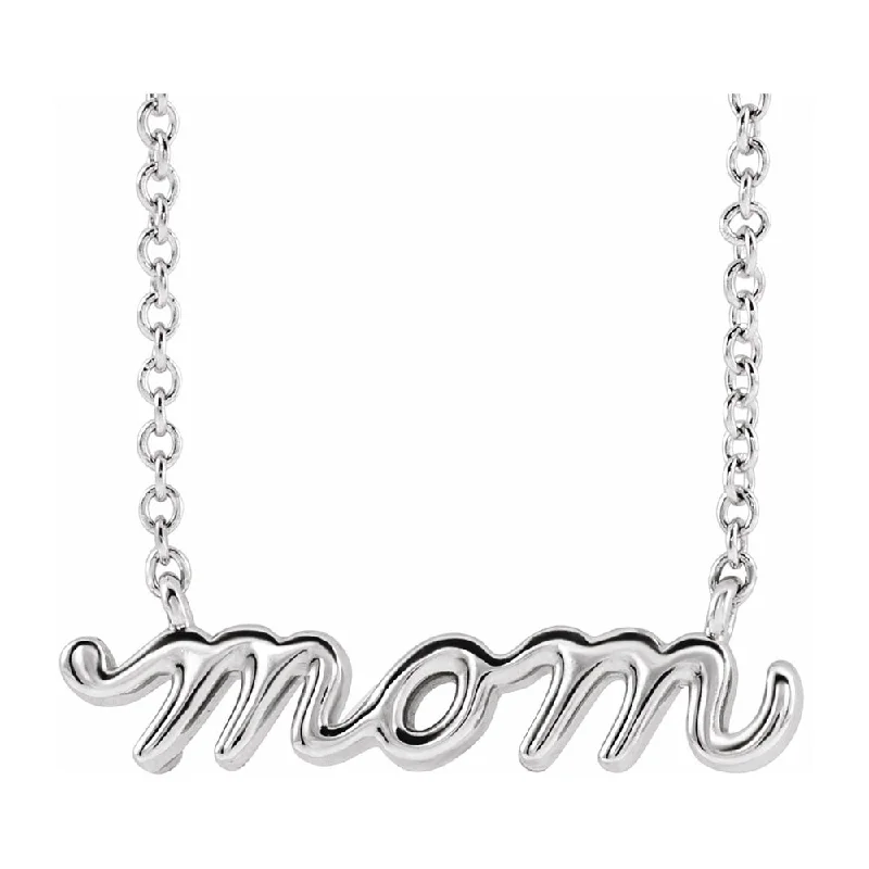 Elegant Pearl Necklace-14K White Gold Petite Mom Script Necklace, 16 Inch or 18 Inch