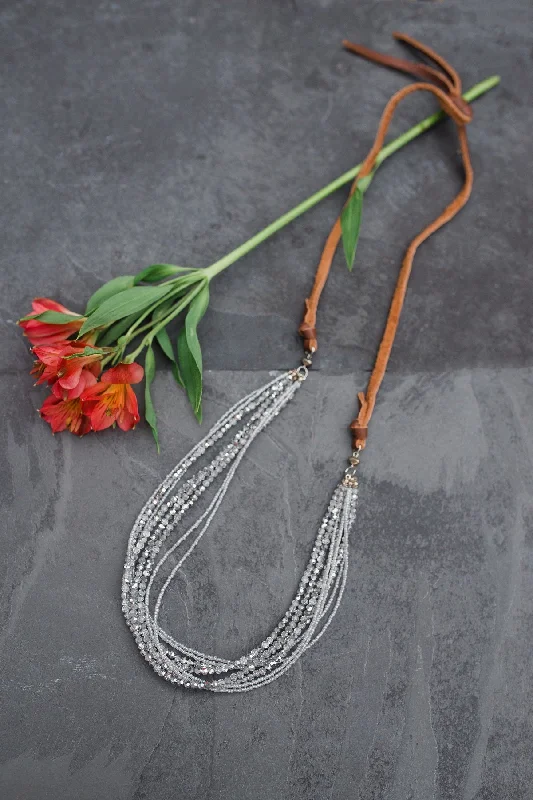 Long Necklace with Gemstones-Silver Crystal Leather Necklace