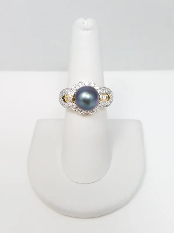 Luxury Ring with Gold and Diamonds-Glamorous 14k Yellow Gold Natural Cultured South Sea Pearl Diamond Ring