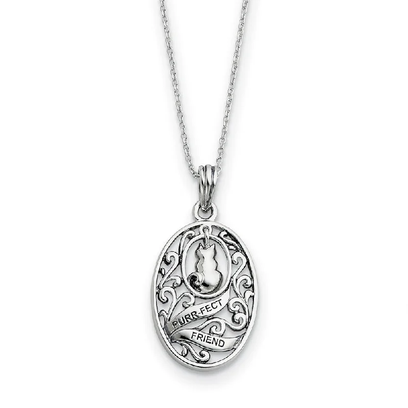 Engraved Necklace for Personal Touch-Rhodium Plated Sterling Silver Animal Friends, Oval Cat Necklace