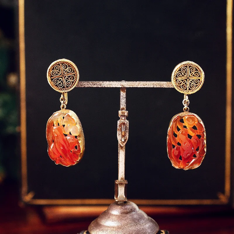 Statement Silver Earrings for Bold Style-Chinese Export Carved Carnelian Filigree Earrings