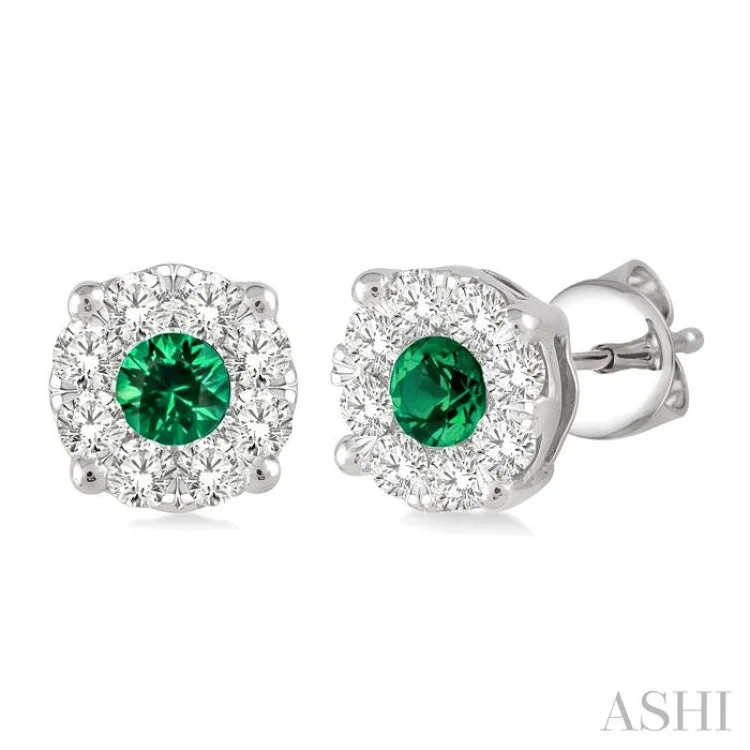 Bridal Gold Earrings for Weddings-3.2 mm Round Cut Emerald and 1/2 Ctw Lovebright Diamond Earrings in 14K White Gold