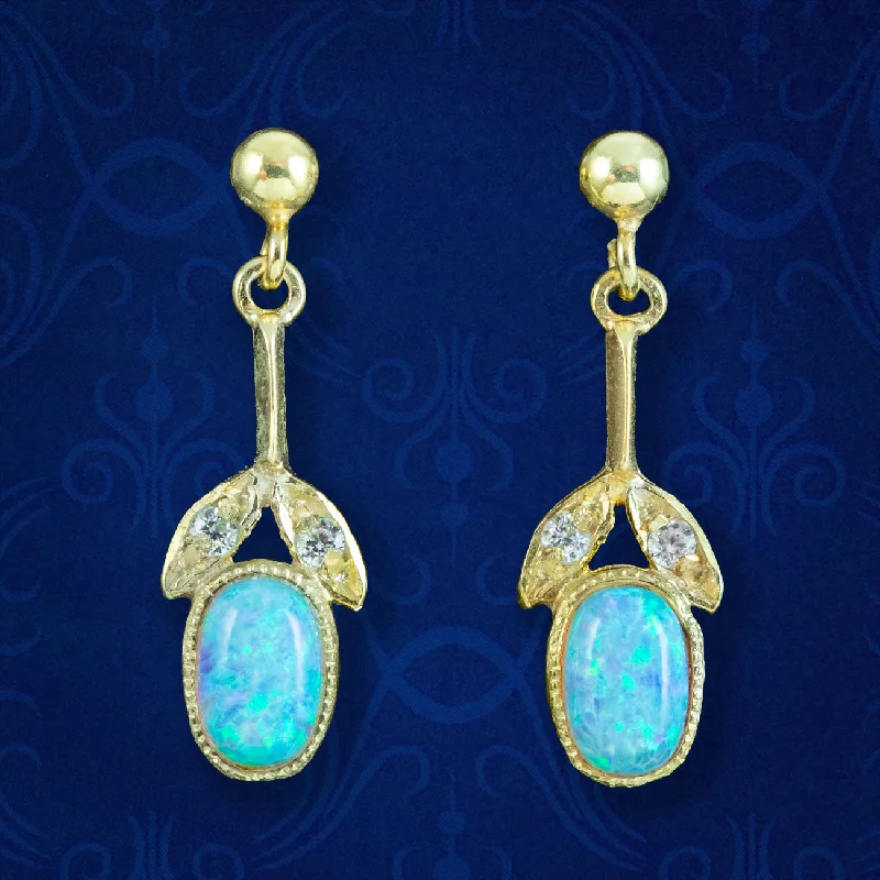 Simple Diamond Earrings-Edwardian Style Opal Drop Earrings Silver 18ct Gold Gilt