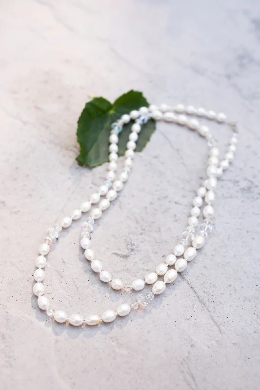 Simple Silver Pendant Necklace-Pearl & Crystal Necklace