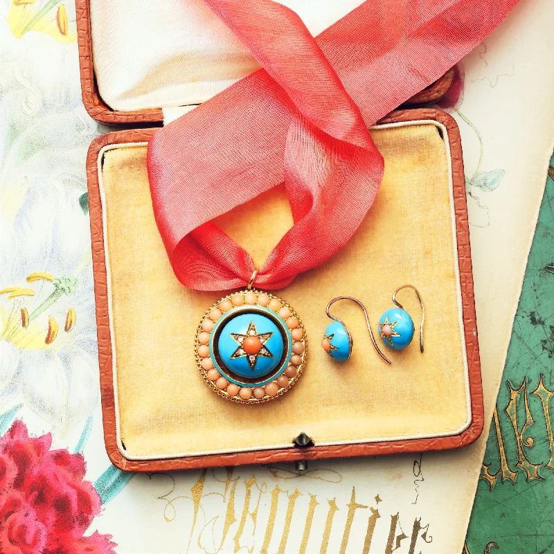 Classic Earrings for Every Occasion-Antique Victorian Coral, Enamel and Diamond Locket & Earrings