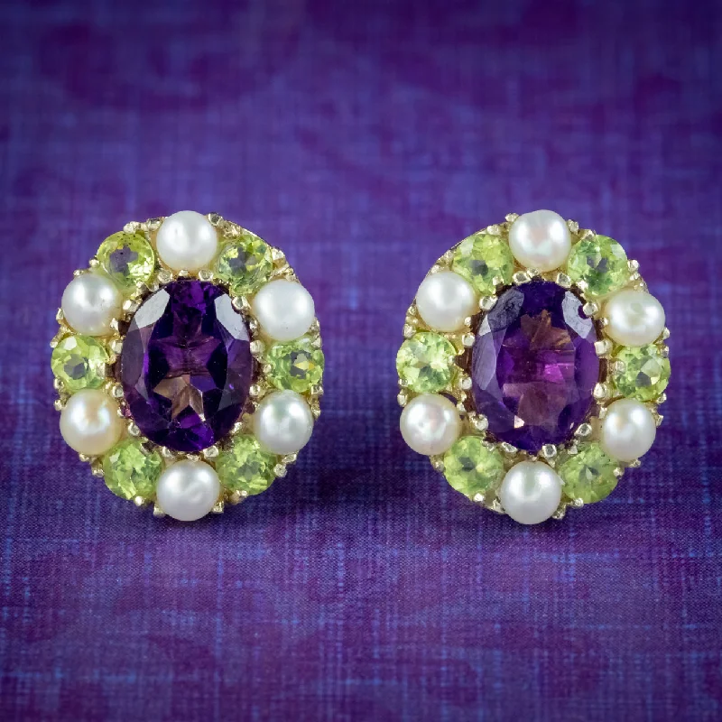 Artistic Drop Earrings for Fashion Lovers-Edwardian Suffragette Style Cluster Earrings Amethyst Peridot Pearl