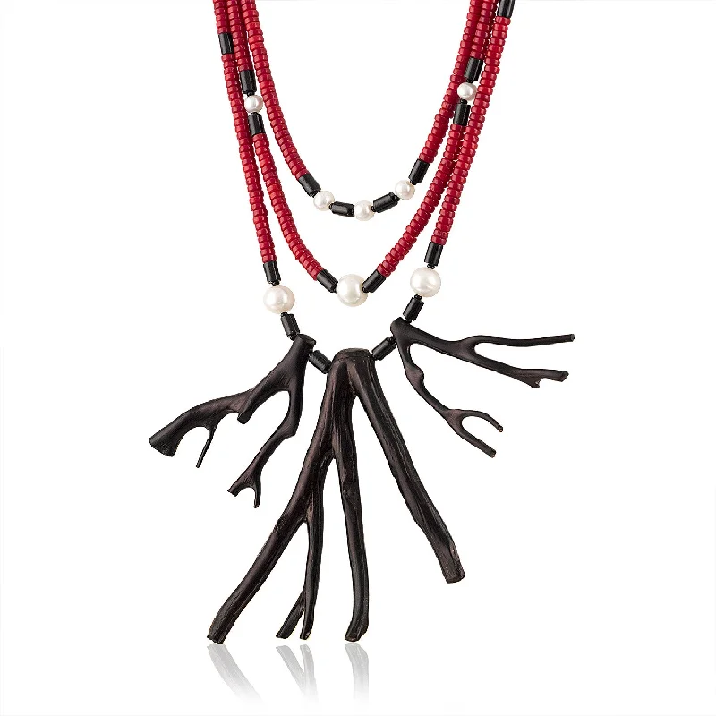 Colorful Stone Necklace for Summer-Black Branch Coral Three Strand Necklace