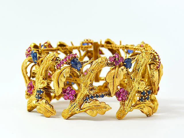 Boho Gemstone Bracelet for Casual Wear-Vintage J Rossi 18K Yellow Gold Ruby & Sapphire Bracelet. Very Rare & Gorgeous