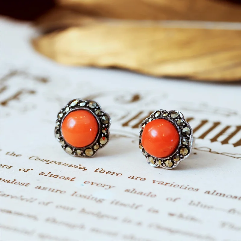 Rainbow Earrings for Festivals-Vintage Mid Century Coral & Marcasite Stud Earrings