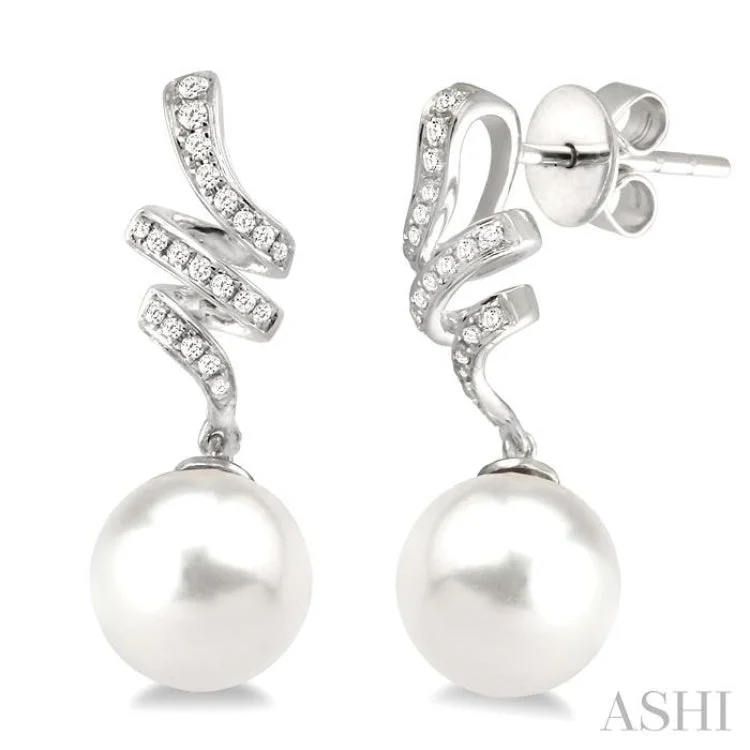 Elegant Pearl Earrings-9x9MM Cultured Pearls and 1/5 Ctw Round Cut Diamond Earrings in 14K White Gold