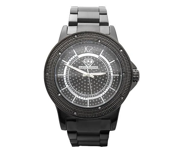 Women's Sport Watches for Running and Fitness-Real Diamond Super Techno Watch All Black Metal Bling