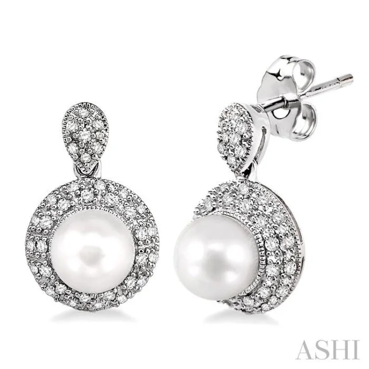 Luxury Gold Earrings for Anniversary-6MM Cultured Pearl and 1/3 Ctw Single Cut Diamond Earrings in 14K White Gold