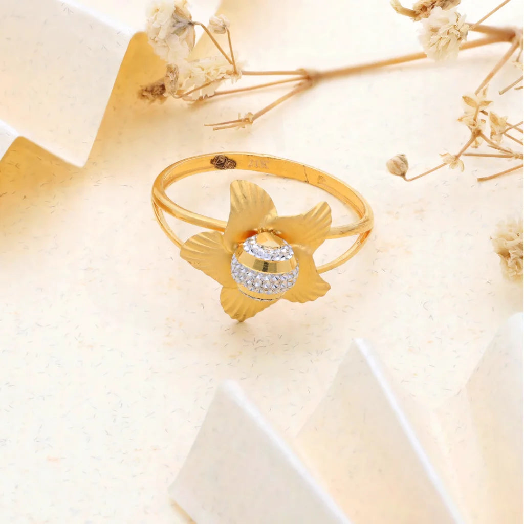 Classic Titanium Ring for Wedding-Gold Open Star Flower Ring 21KT - FKJRN21KM8504