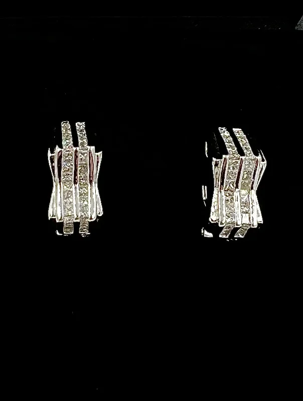 Sparkling Earrings for Special Occasions-Two Row Princess Cut Diamond White Gold Earrings