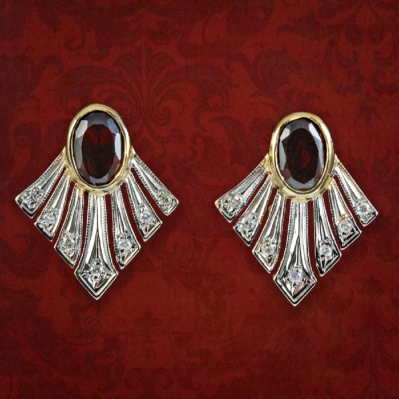 Beautiful Earrings for Weddings-Art Deco Style Garnet Diamond Fan Earrings 9ct Gold