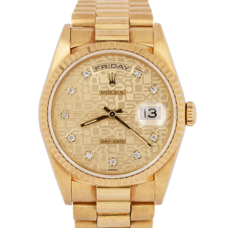 High-Tech Watches for Tech Enthusiasts-UNPOL. Rolex Day-Date President PAPERS 36mm DIAMOND Computer 18K Gold 18238 B+P