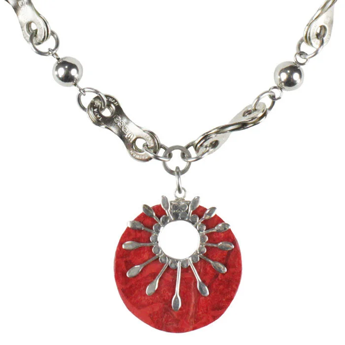 Diamond Pendant Necklace-Coral & Sterling Silver Sunburst Necklace