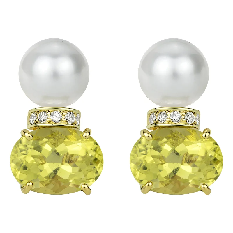 Drop Earrings for Formal Occasions-Earrings - South Sea Pearl, Lemon Quartz And Diamond