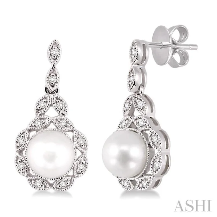 Classic Gemstone Earrings-6x6MM Cultured Pearls and 1/8 Ctw Single Cut Diamond Earrings in 14K White Gold