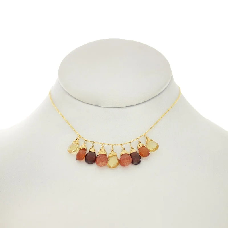 Classic Gemstone Necklace for Weddings-Sandalwood - Various Garnets, Citrine, Sunstone, Drops Necklace