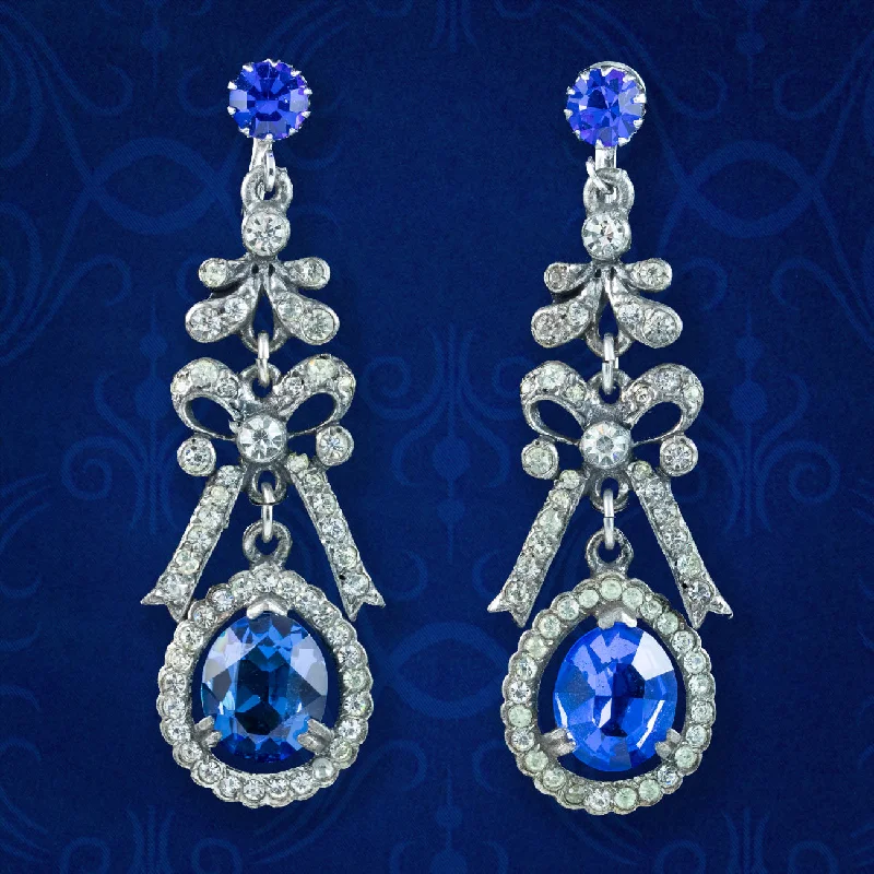 Swarovski Crystal Earrings-Vintage Blue Paste Bow Drop Earrings