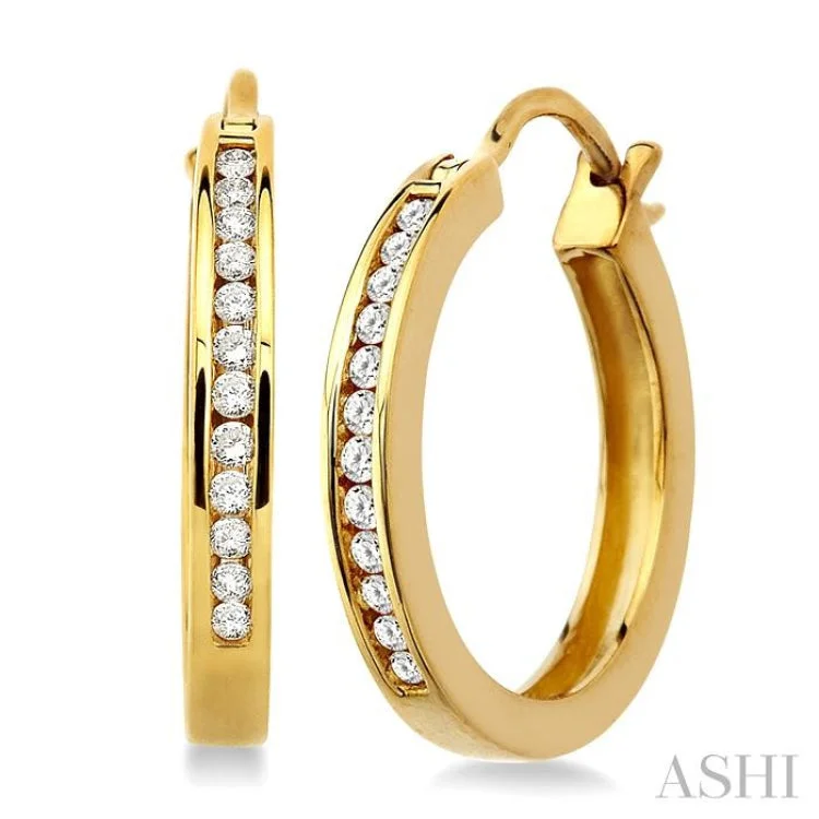 Colorful Drop Earrings for Summer-1/4 Ctw Channel Set Round Cut Diamond Hoop Earrings in 10K Yellow Gold