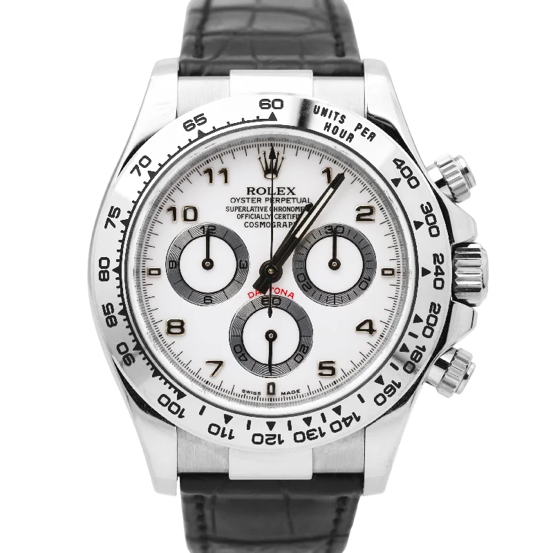 Affordable Luxury Watches for Women-Rolex Daytona Cosmograph 18K Gold WHITE DIAL Black Leather REHAUT 116519 Watch