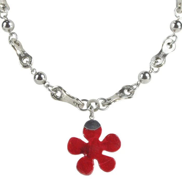 Long Pendant Necklace-Sterling Silver & Red Coral Flower Pendant Necklace