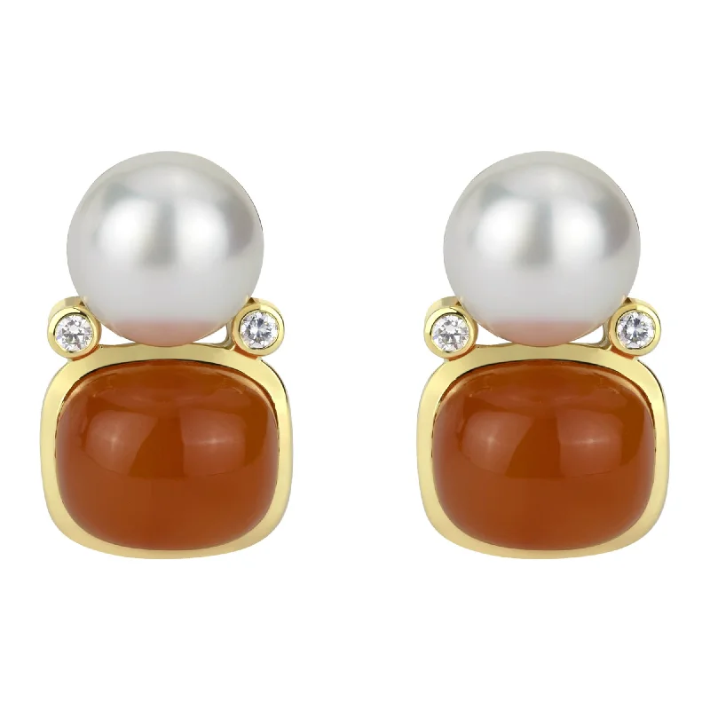 Customizable Gold Earrings-Earrings - South Sea Pearl, Cornellian And Diamond