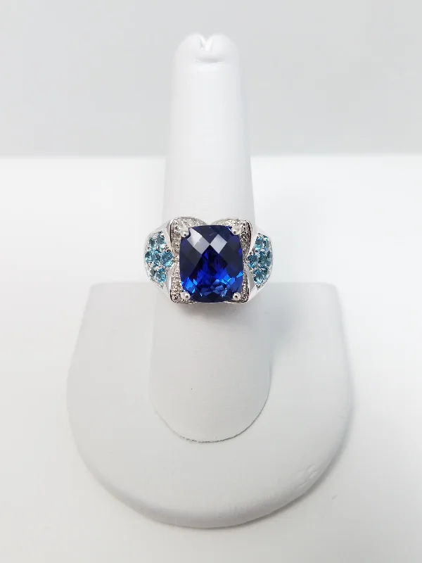 Beautiful Gold Band Ring for Women-*Store Closing* New! Ornate Synthetic Sapphire Topaz + Diamond 18k White Gold Ring