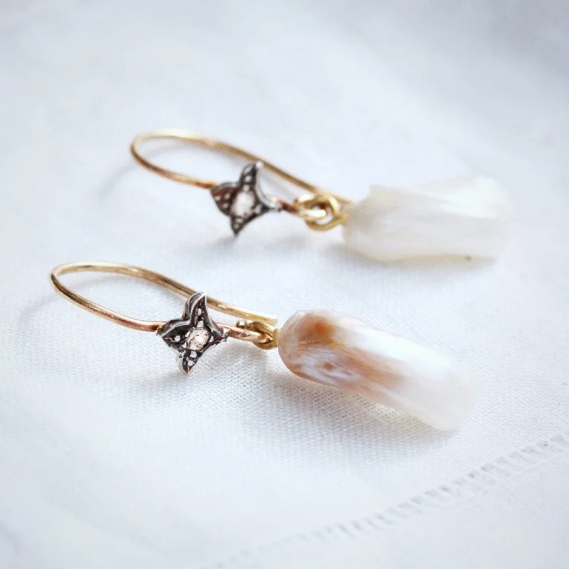 Boho Chic Earrings-Natural Freshwater Wing Pearl and Diamond Earrings