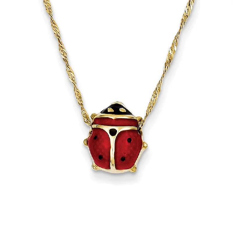 Custom Necklace with Name-10mm 3D Ladybug 16 Inch Necklace in 14k Yellow Gold and Enamel