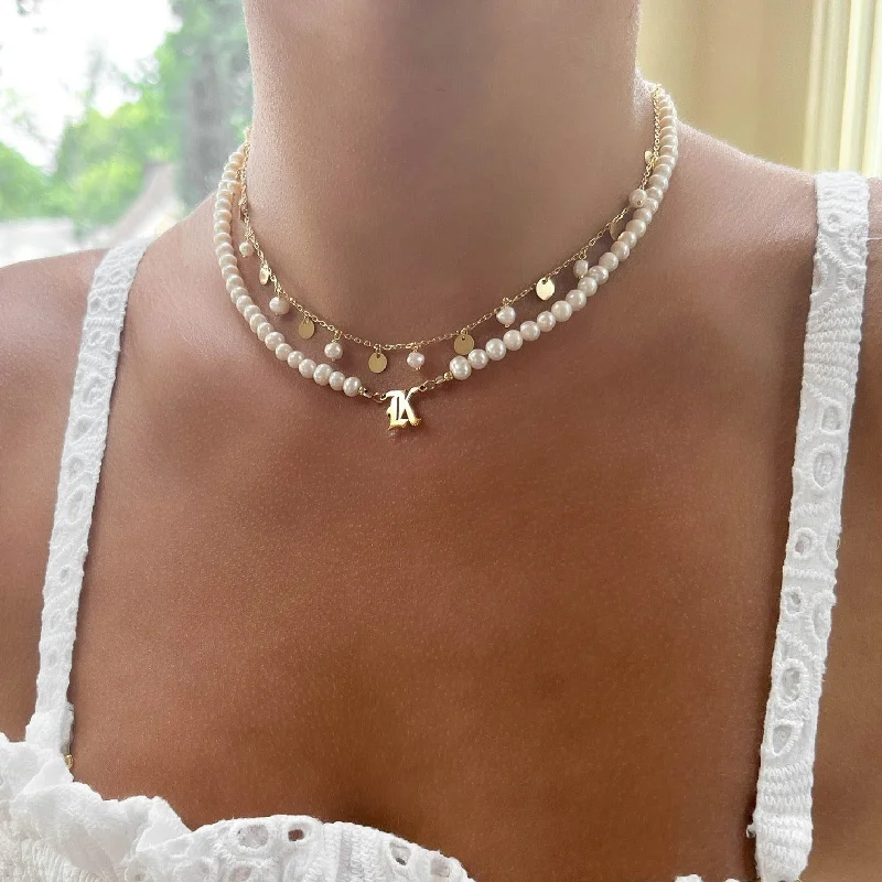 Unique Charm Necklace for Stylish Women-Pearl Old English Initial Necklace