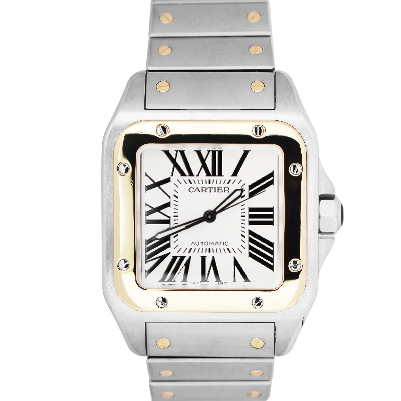 Classic Watches for Men with Simple Designs-Cartier Santos 100 XL Two-Tone 18k Yellow Gold Steel White 38mmX51mm 2656 Watch