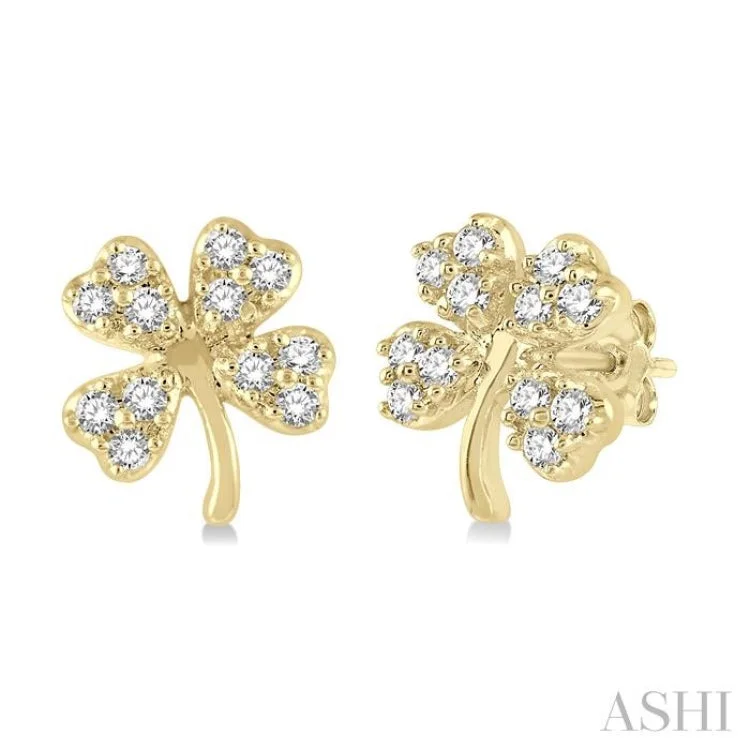 Elegant Earrings for Formal Wear-1/10 Ctw Four-Leaf Clover Round Cut Diamond Petite Fashion Earring in 10K Yellow Gold