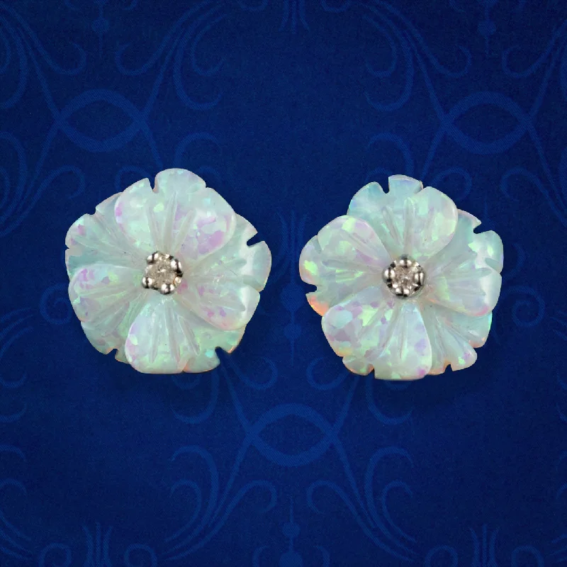 Funky Earrings for Casual Styles-Victorian Style Opal Diamond Flower Stud Earrings 9ct Gold