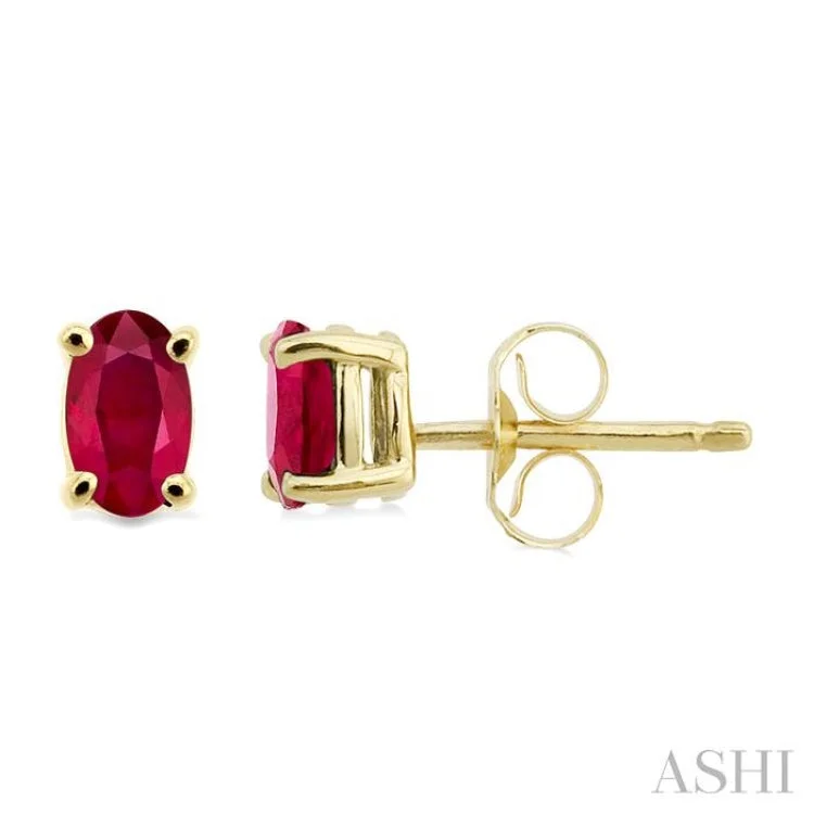 Luxury Silver Earrings for Women-5x3MM Oval Cut Ruby Stud Earrings in 14K Yellow Gold