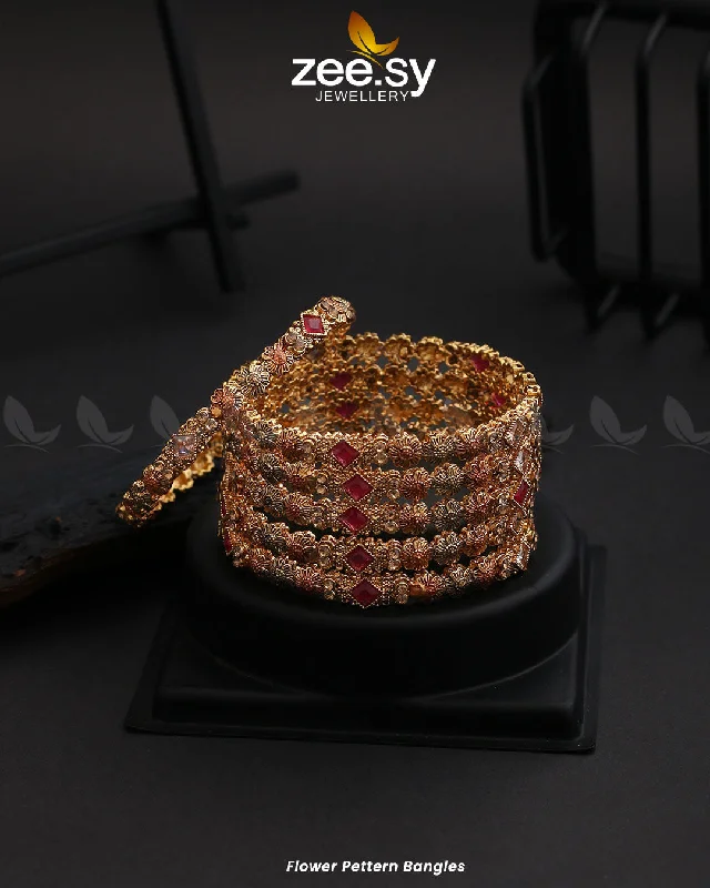 Simple Rose Gold Bangles for Casual Looks-Flower Pettern Bangles